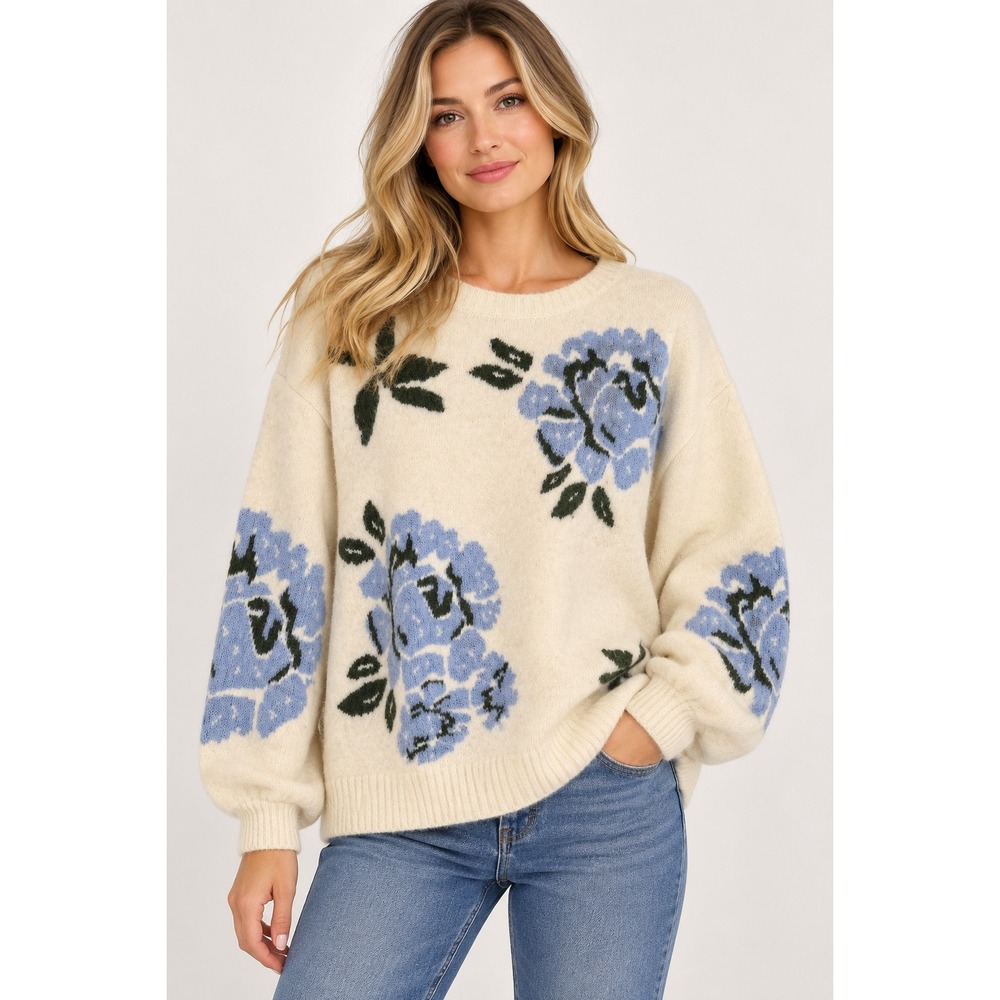 Parker Floral Crewneck Sweater L Ivory Blue Rose Oversized Wool Alpaca Blend